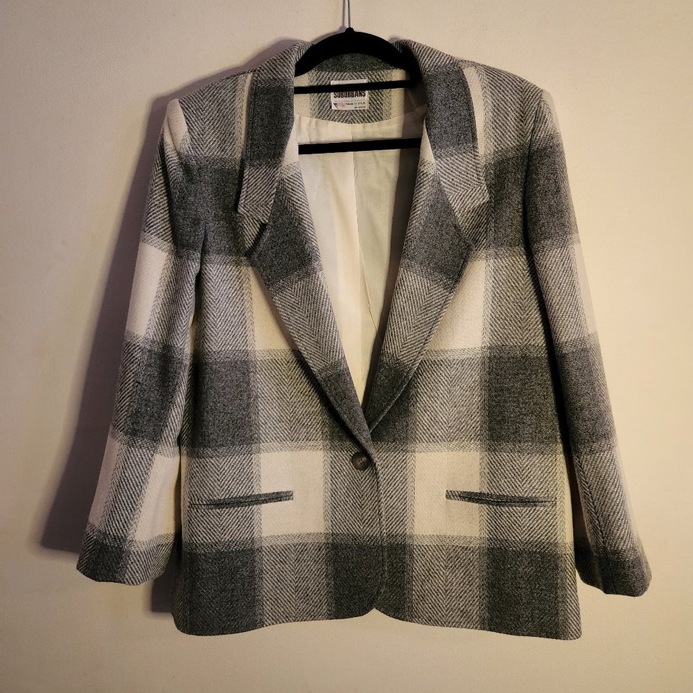 VTG Country Suburbans Wool Plaid Blazer Gray Vintage Size 14